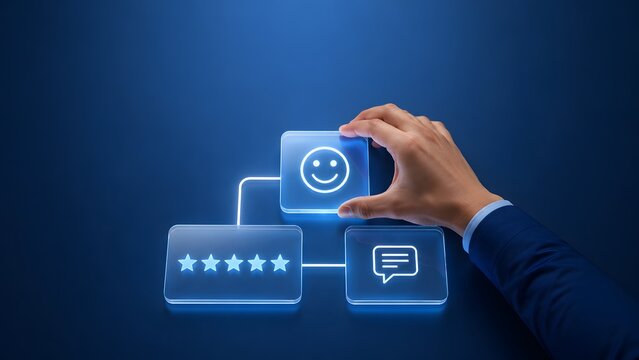 Businessman hand placing glass tile with smiley face icon into network. Concept of customer satisfaction, client feedback, and user experience.