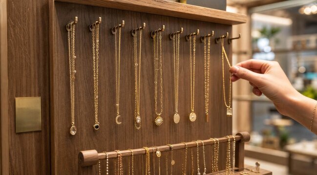 A customer choosing a gold necklace from a wooden jewelry display stand in a boutique store.