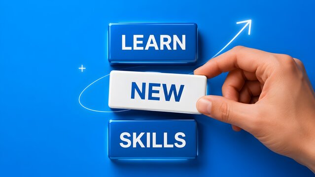 Businessman hand moving text button among blue learn skills block. Concept of personal self improvement, career advancement, and corporate coaching.