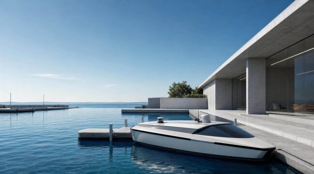 Modern luxury waterfront villa with private boat dock.