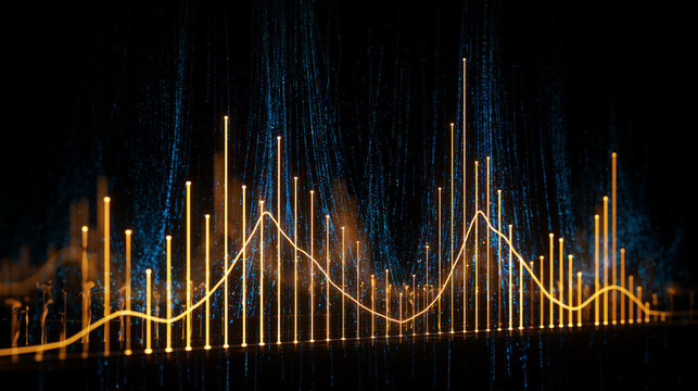  blue data particles flowing rapidly and reorganizing into clean golden bar charts and graphs