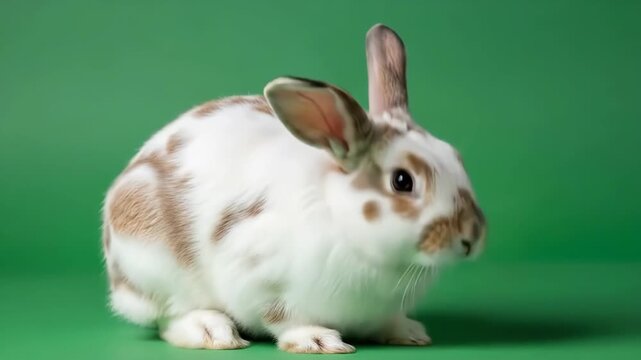 A beautiful white rabbit with brown spots sitting on a vibrant green background