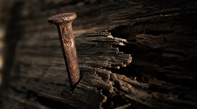 Old rusty railroad spike driven into weathered dark wood.