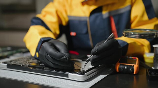Electronics technician, electronic engineering electronic repair, electronics measuring and testing, repair and maintenance concepts.uses a voltage meter to check and upgrade