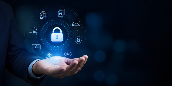 Man in suit holding glowing digital security icons around lock symbol representing cyber protection.