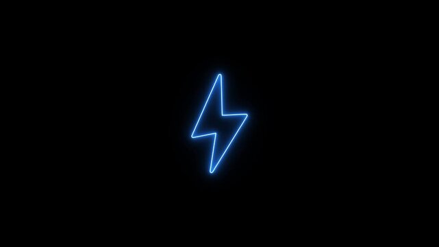 Energy neon electricity lighting bolt icon on black background with alpha channel. Glowing neon battery charging icon animation. Blue charging icon animation.