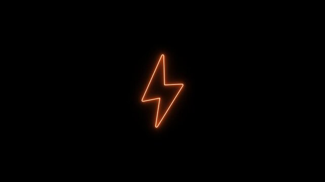 Energy neon electricity lighting bolt icon on black background with alpha channel. Glowing neon battery charging icon animation. Orange charging icon animation.