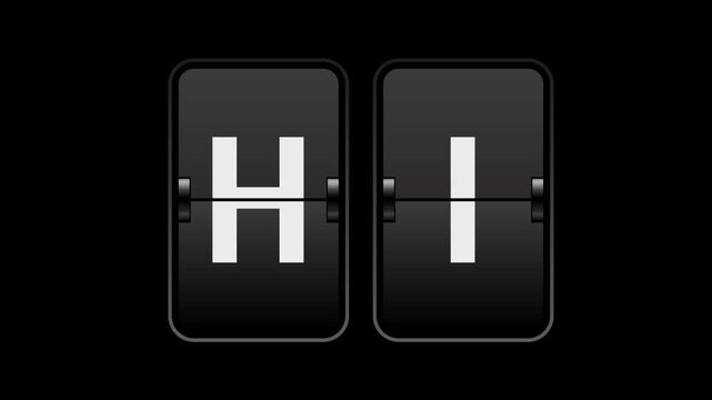 Flip text animation of a board showing the word hi with transparent background video & looping alpha channel.