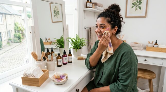 Woman applying glitter makeup and cleaning her face with a reusable cloth