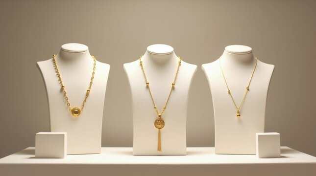Elegant gold necklaces displayed on white mannequin busts in a boutique.