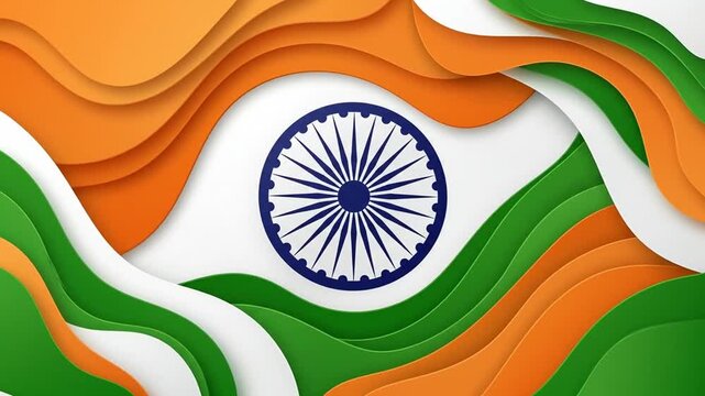 Vibrant collage of layered paper waves with the Indian national flag emblem in the center