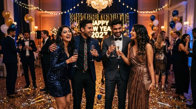 Joyful friends celebrating New Year's Eve with champagne and confetti