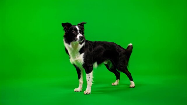 Intelligent border collie standing on green screen background 4K video for video editing