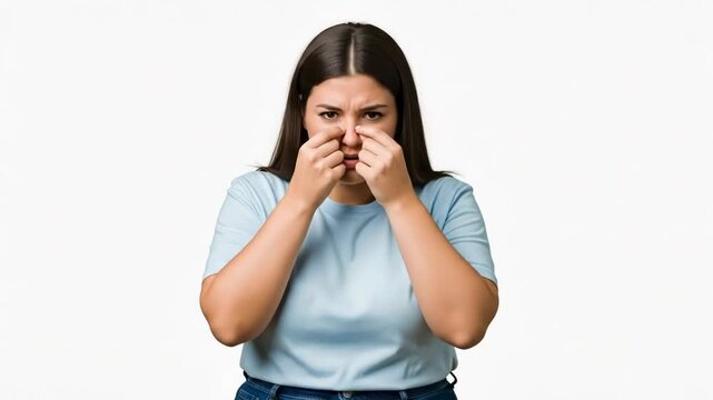 A young woman touching her nose while experiencing discomfort or congestion