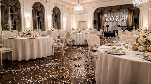 Elegant ballroom decorated for New Year's Eve celebration with confetti and balloons