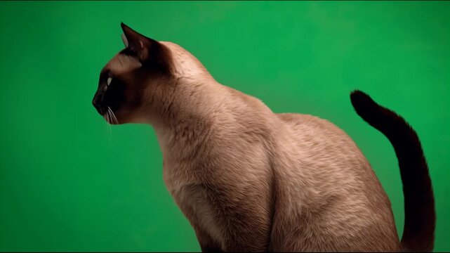 Close up profile of a brown burmese cat on green screen background 4K video for video editing