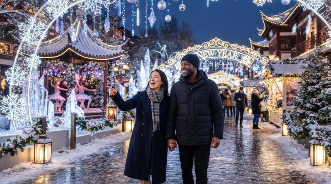 Couple enjoys a festive winter market illuminated by sparkling holiday lights and snow