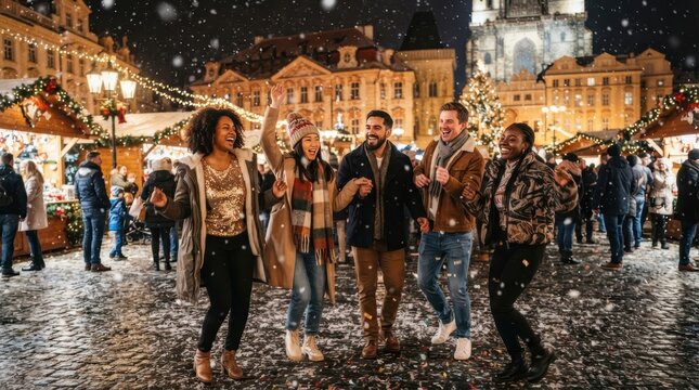 Diverse group of friends enjoying a snowy Christmas market at night