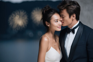 Elegant couple evening dress tuxedo romantic fireworks night outdoor love happiness celebration affectionate moment © visoot
