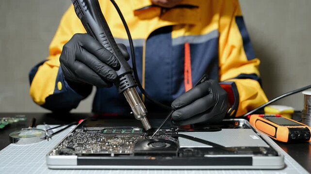 Skilled technician using multimeter probes to test voltage and diagnose a laptop motherboard on a professional workbench.
