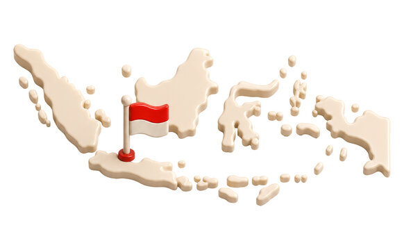 3D Map of Indonesia Archipelago with Red and White Flag Marker