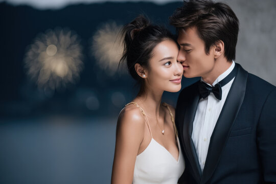 Elegant couple evening dress tuxedo romantic fireworks night outdoor love happiness celebration affectionate moment