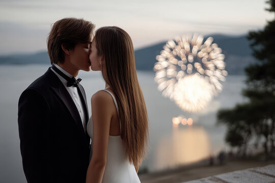 Elegant couple evening romantic kiss fireworks celebration lake formal love happiness. Elegant couple sharing romantic kiss during evening