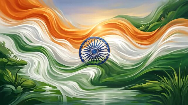 Vibrant Indian Flag-inspired Abstract Landscape with Waves and Emblem