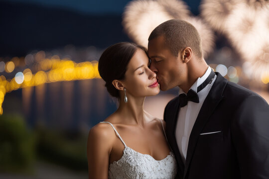 Elegant couple evening romantic fireworks cityscape love happiness formal celebration night