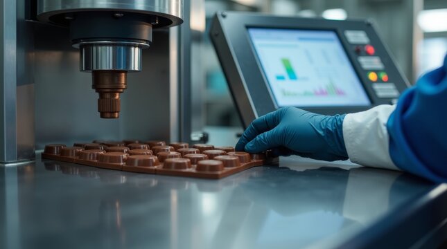 Industrial chocolate production line with operator monitoring automated manufacturing process.