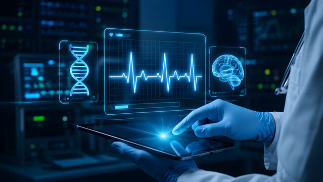 Medical professional using digital tablet with futuristic glowing holographic health interfaces for diagnostic analysis and patient care.