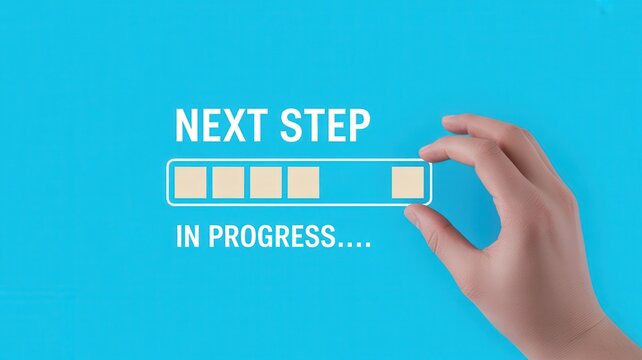 Progress bar with text 'NEXT STEP IN PROGRESS' and hand placing last element, isolated on blue background