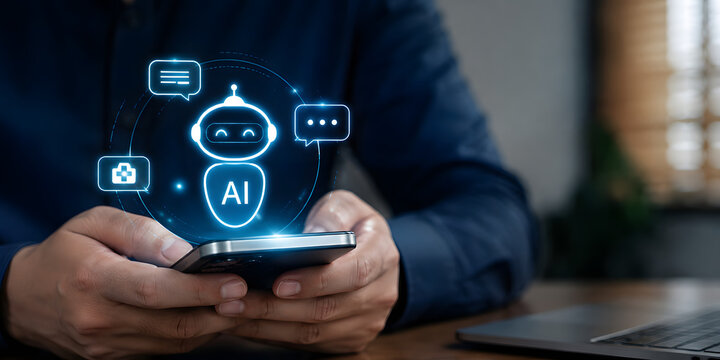 Person holding smartphone with chatbot ai assistant glowing interface for customer support.