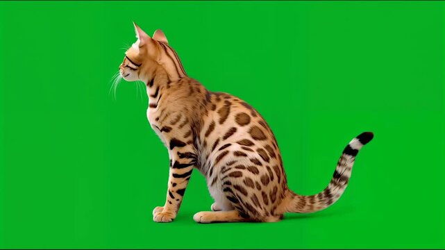 Bengal cat sitting and looking ahead against green screen background 4K video for video editing