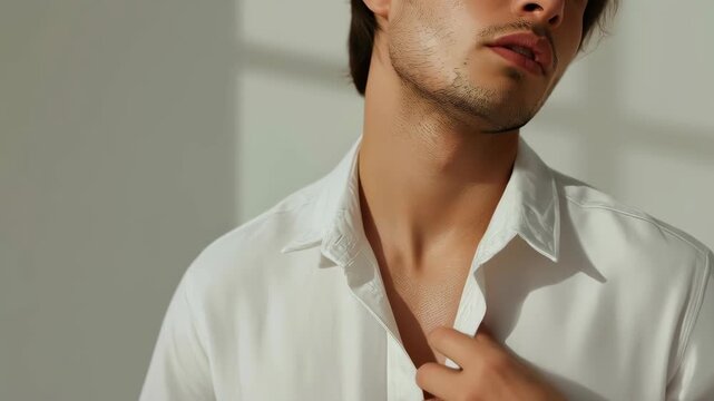 Young man portrait closeup white shirt hand collar soft natural light face skin jawline