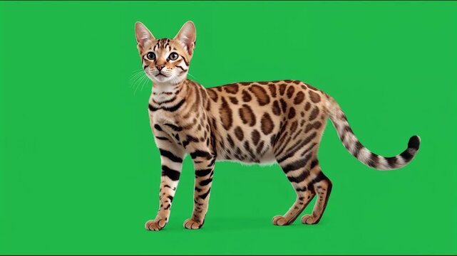Spotted bengal cat walking and looking at camera against a chroma key green screen 4K video for video editing