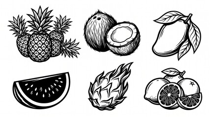 Obraz premium Tropical Fruit Icon Collection: Pineapple, Coconut, Mango, Watermelon, Dragon Fruit, and Citrus Illustrated in Minimalist Black-and-White Style for Culinary and Decorative Design Projects 