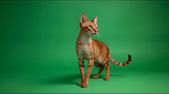 Ginger tabby cat standing on a solid green background 4K video for video editing feline 4K video for video editing