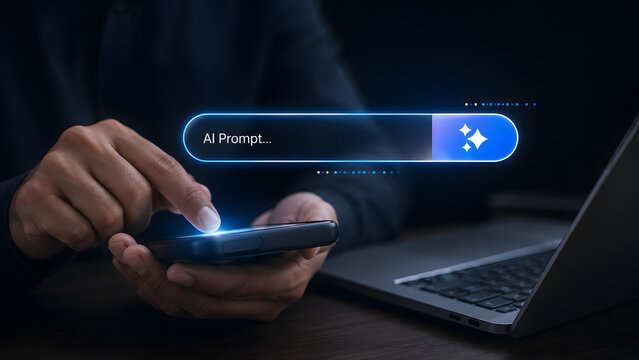 Person interacting with AI prompt bar on smartphone next to laptop for digital productivity.