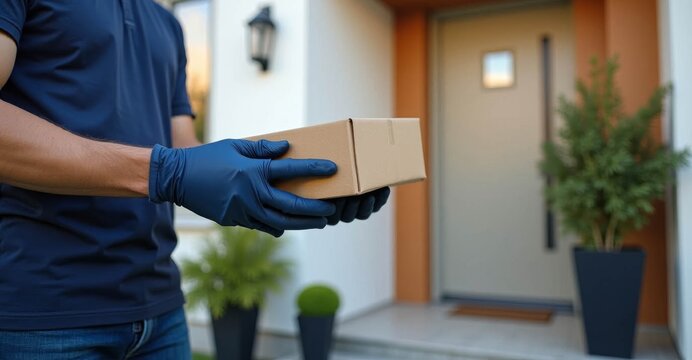 Delivery man holding a cardboard parcel at the entrance of a house.