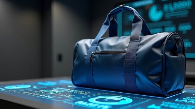 Modern duffel bag on a futuristic digital workspace desk.