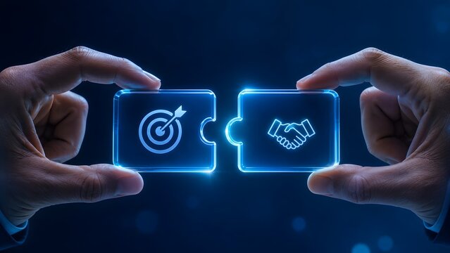 Businessman hands holding connecting glowing blue puzzle pieces with target and handshake icons. Concept of business partnership, corporate merger, and strategic team collaboration.