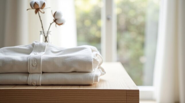 Stack of fresh white folded bath towels with cotton flowers.