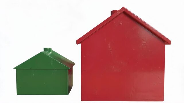 Housing market 3D infographic: Green and Red Toy Houses Rotating on White Background