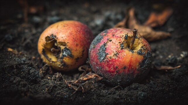 decomposition. A piece of rotten fruit shows detailed decay on dark, moist soil. bar promotions, beverage menus, designed for food & beverage menus and cafe branding, used by fitness trainers.