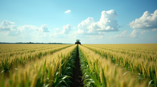 Tractor Harvesting Golden Wheat Field under Clear Blue Sky.