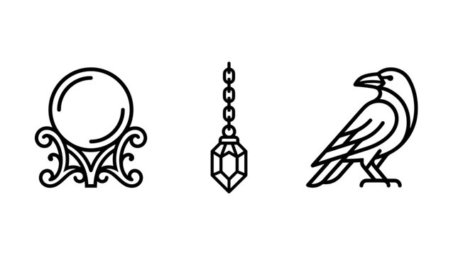 Esoteric icon set depicting a crystal ball on an ornate stand a hanging crystal pendulum a raven bird silhouette line art pendulum esoteric mystical divination witchcraft wizardry