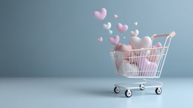 Side view of cute pastel shopping cart filled with pink and white hearts, floating hearts, minimal background, romantic mood