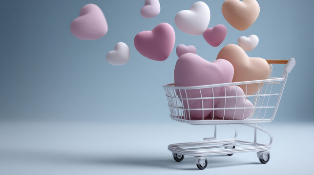 Side view of cute pastel shopping cart filled with pink heart shapes, floating hearts, minimal background, cheerful mood