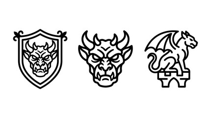 Fototapeta premium Gargoyle devil faces and winged creature crest icons collection with gargoyle medieval mythological creature heraldic architecture sculpture collection mystical ornament decoration monument